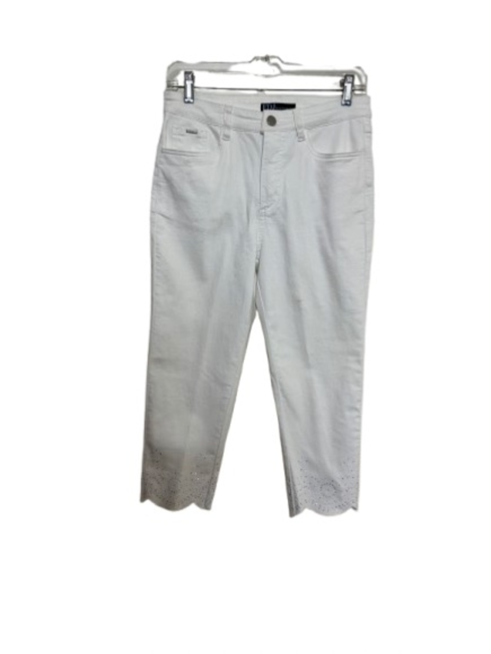 White Women's Cropped Jeans with Scalloped Eyelet Hem